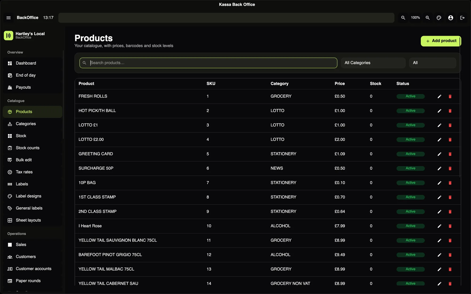 The products list in the back office with a 7,663-line catalogue