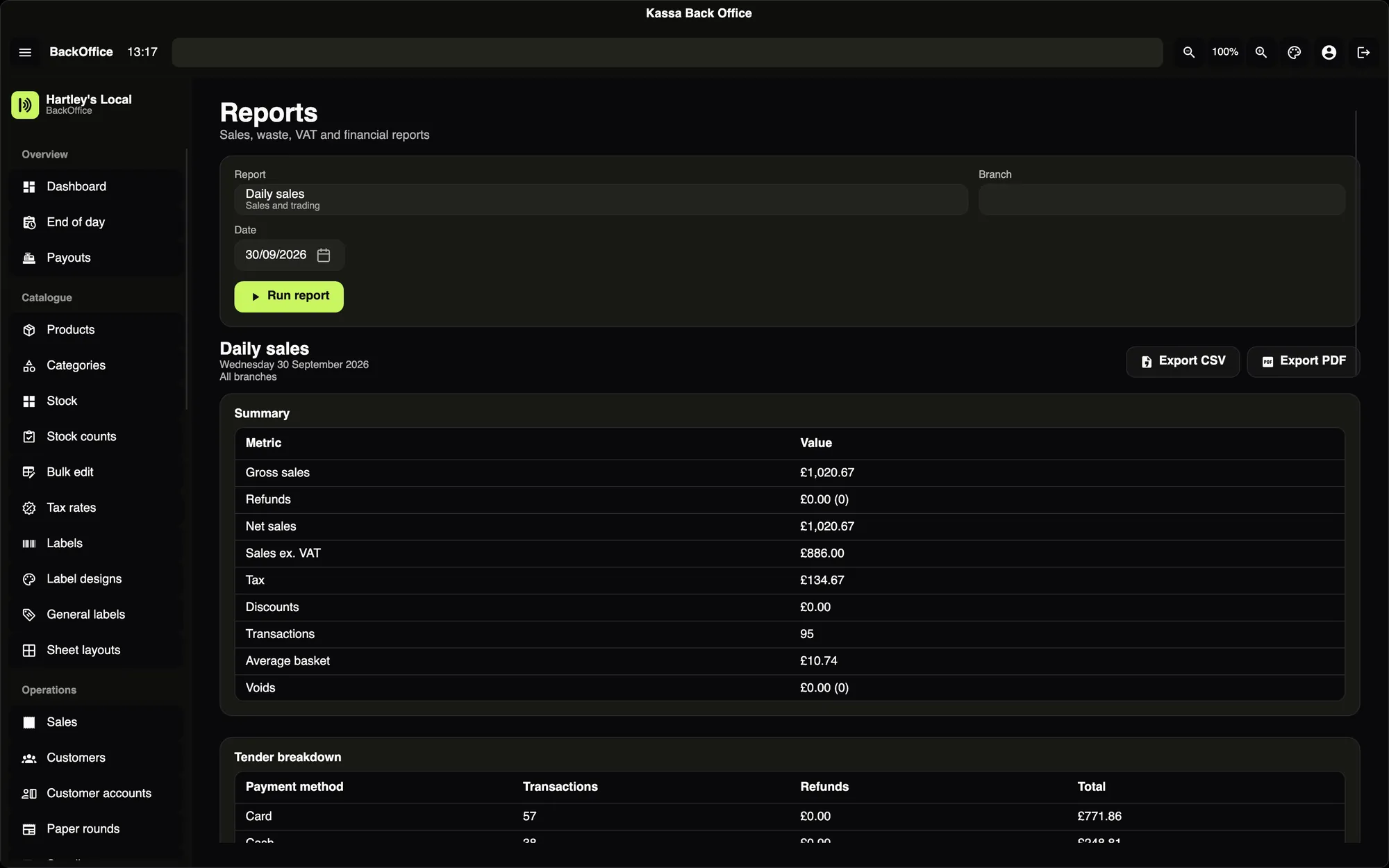 The daily sales report in the back office with gross sales, VAT and a tender breakdown