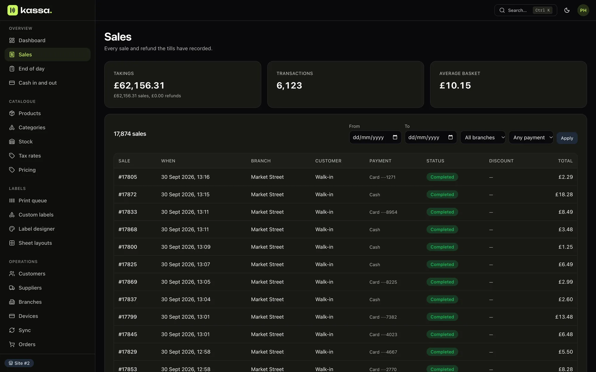 The sales list with each sale's time, payment and total