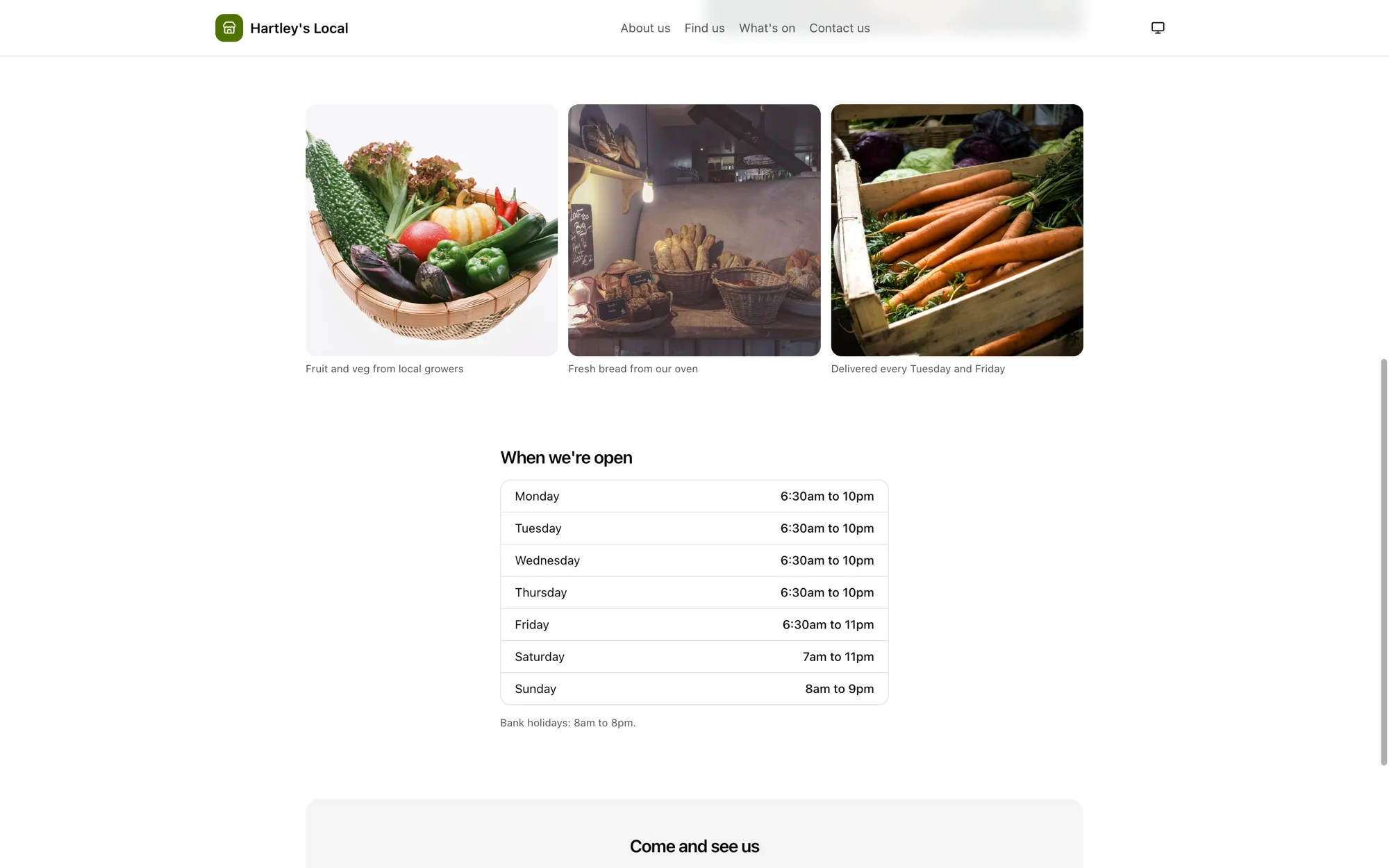 A shop website built in Kassa, with a photo gallery and the shop's opening hours